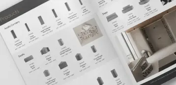 Close up of Ortano brochure showing a double page spread of product pages