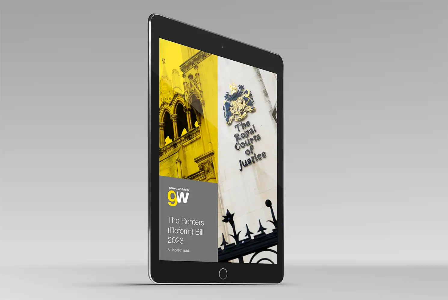 Mock up of iPad showing front cover of the Garrett Whitelock renters reform e-brochure