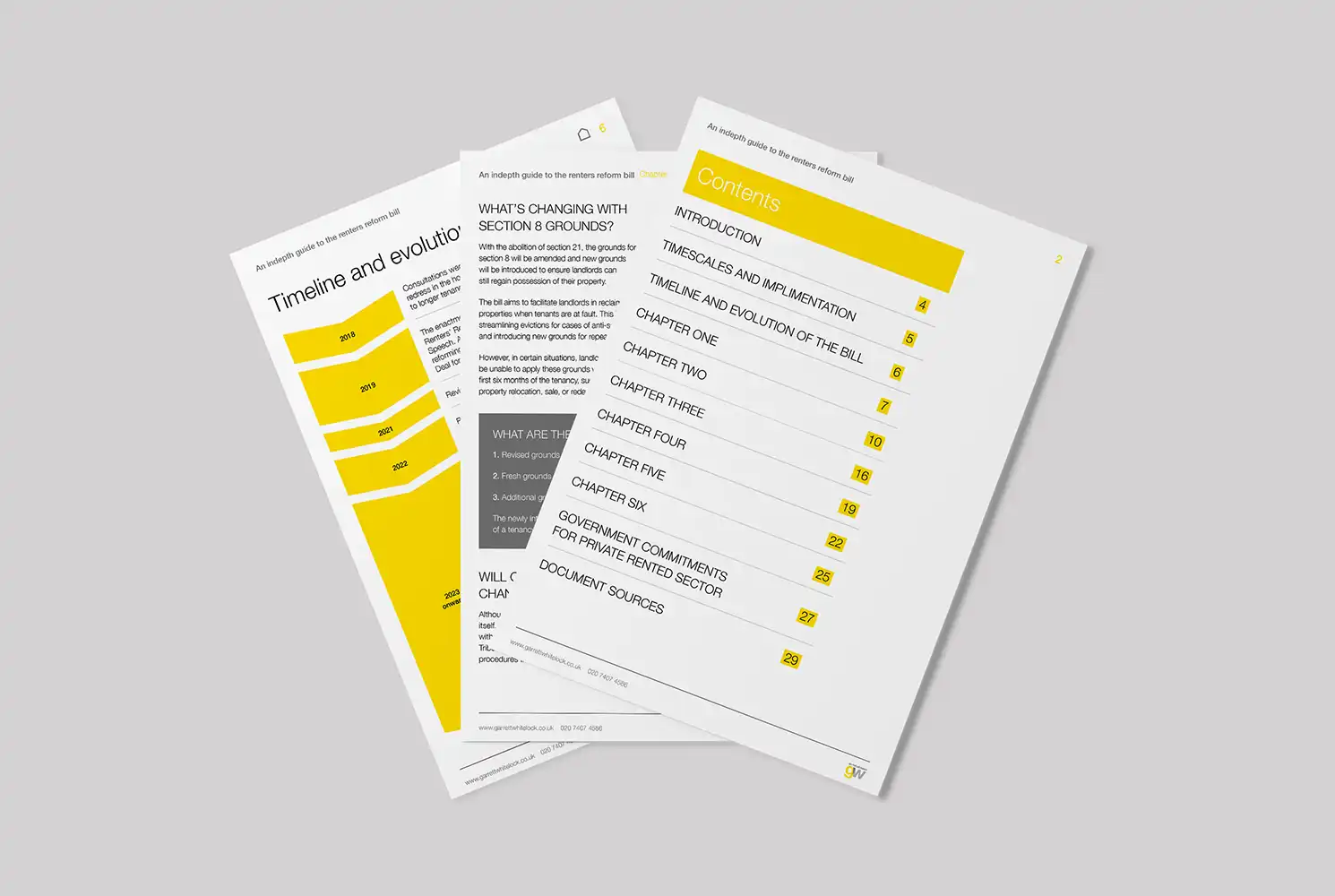 Mock up showing different page layouts of the Garrett Whitelock renters reform e-brochure