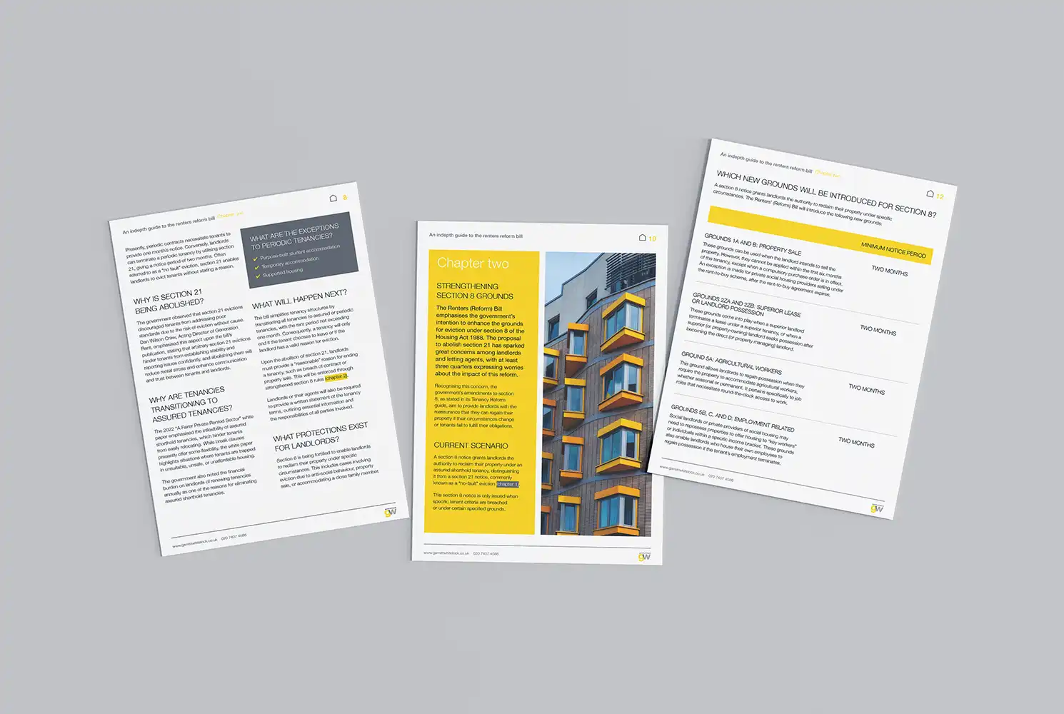 Mock up showing different page layouts of the renters reform e-brochure