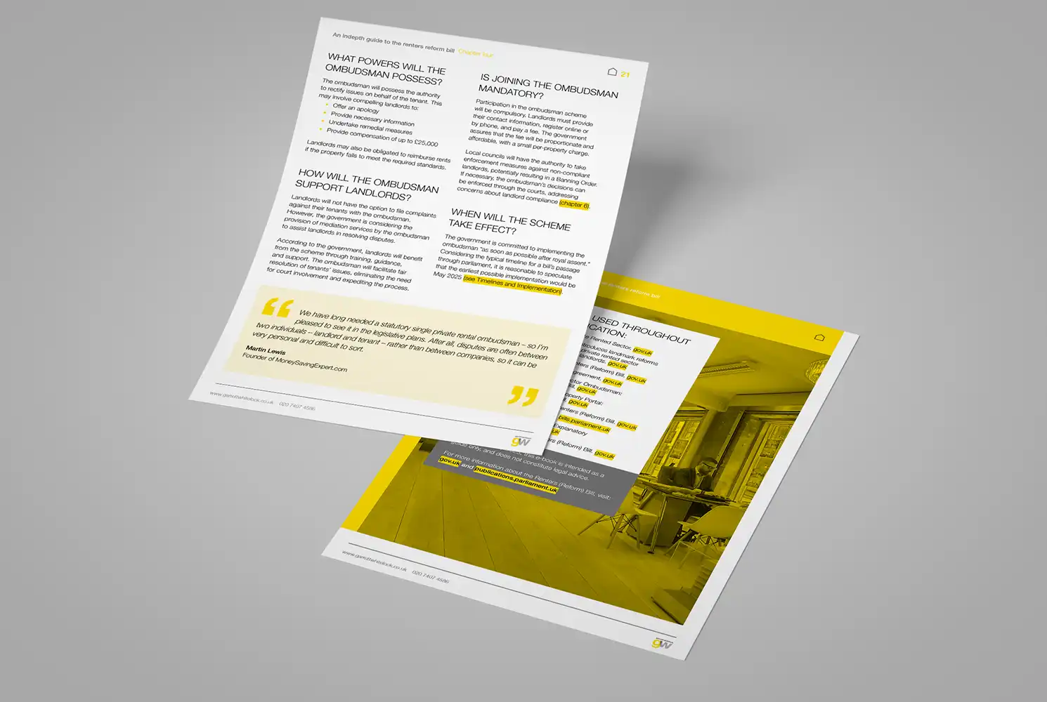 Mock up showing different page layouts of the renters reform e-brochure