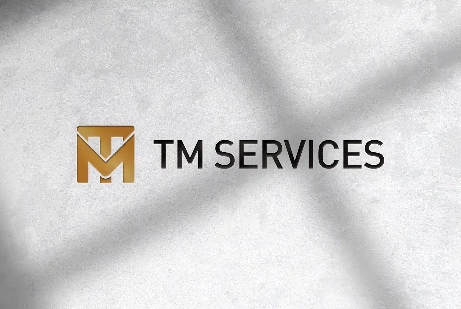 Mockup showing the new TM Maintenance Services logo on a concrete wall