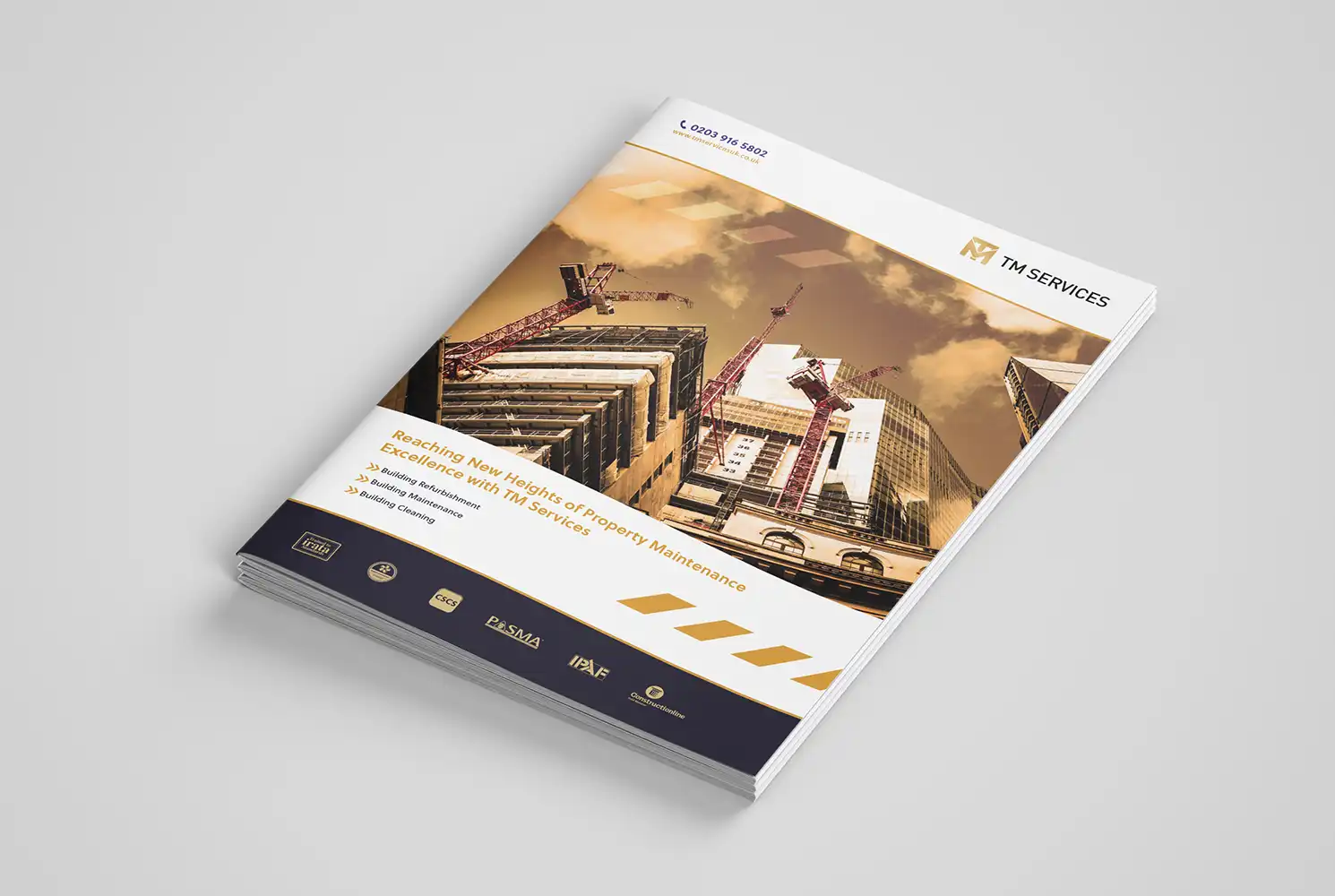 Mock up of TM Maintenance Services brochure showing front cover