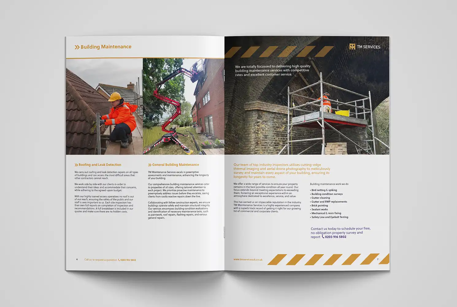 Mock up of TM Maintenance Services brochure showing a double page spread