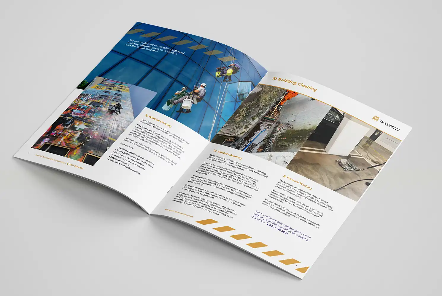 Mock up of TM Maintenance Services brochure showing a double page spread