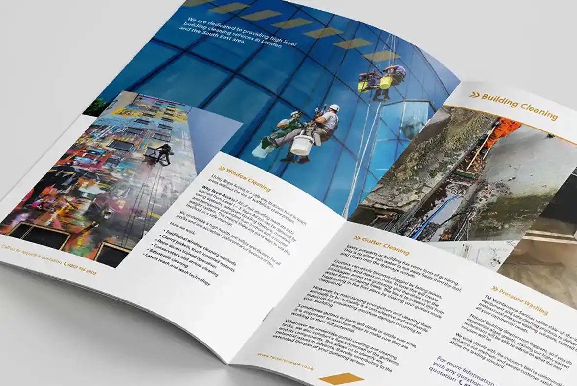 Mock up of TM Maintenance Services brochure showing a double page spread