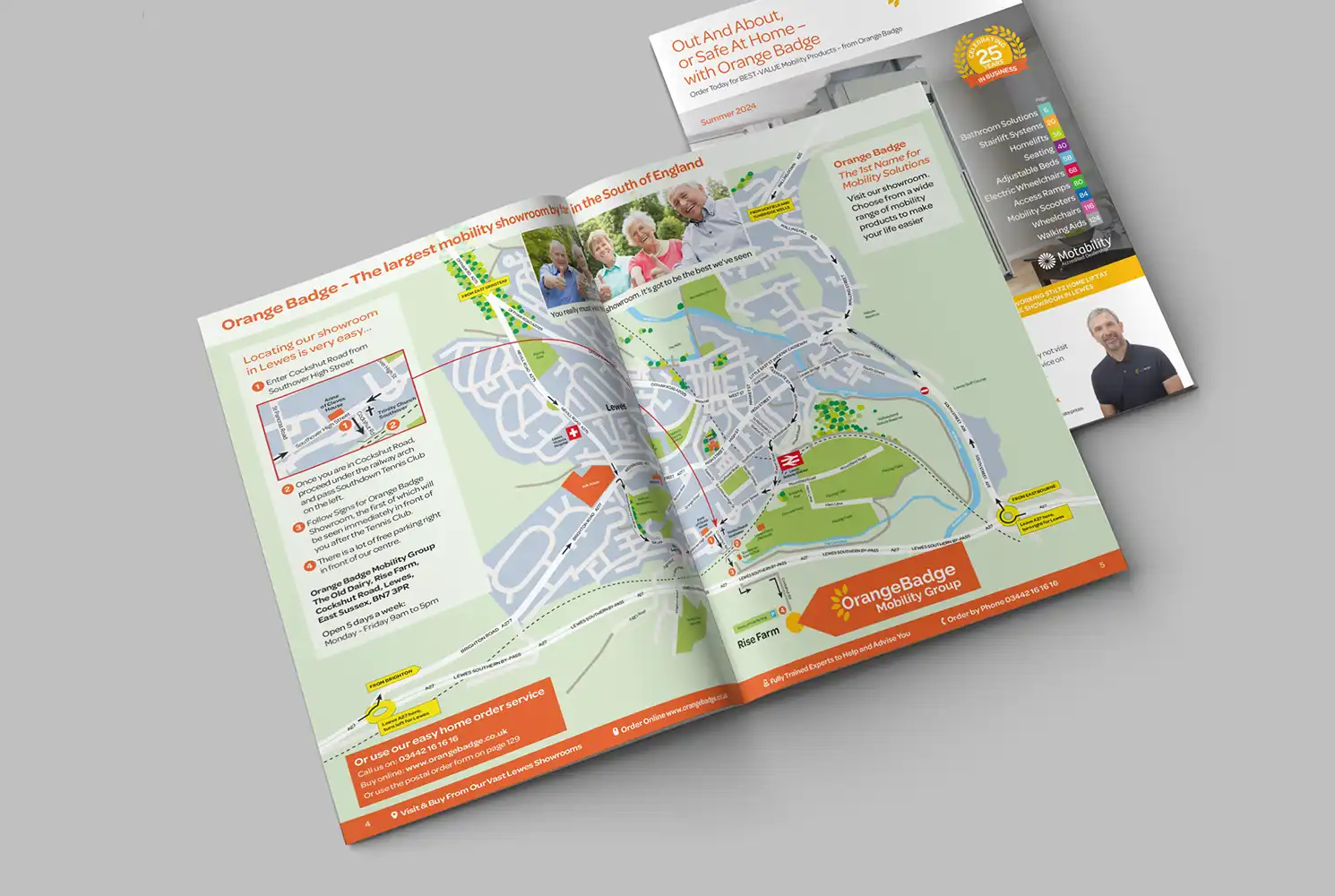 Mock up showing a double page spread of the Catalogue for Orange Badge, showing a location map