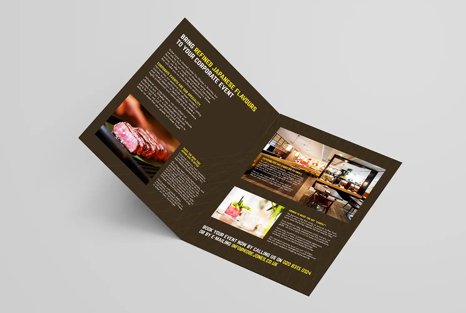 Mockup up showing the inside spread of the Kobe Jones corporate hospitality brochure