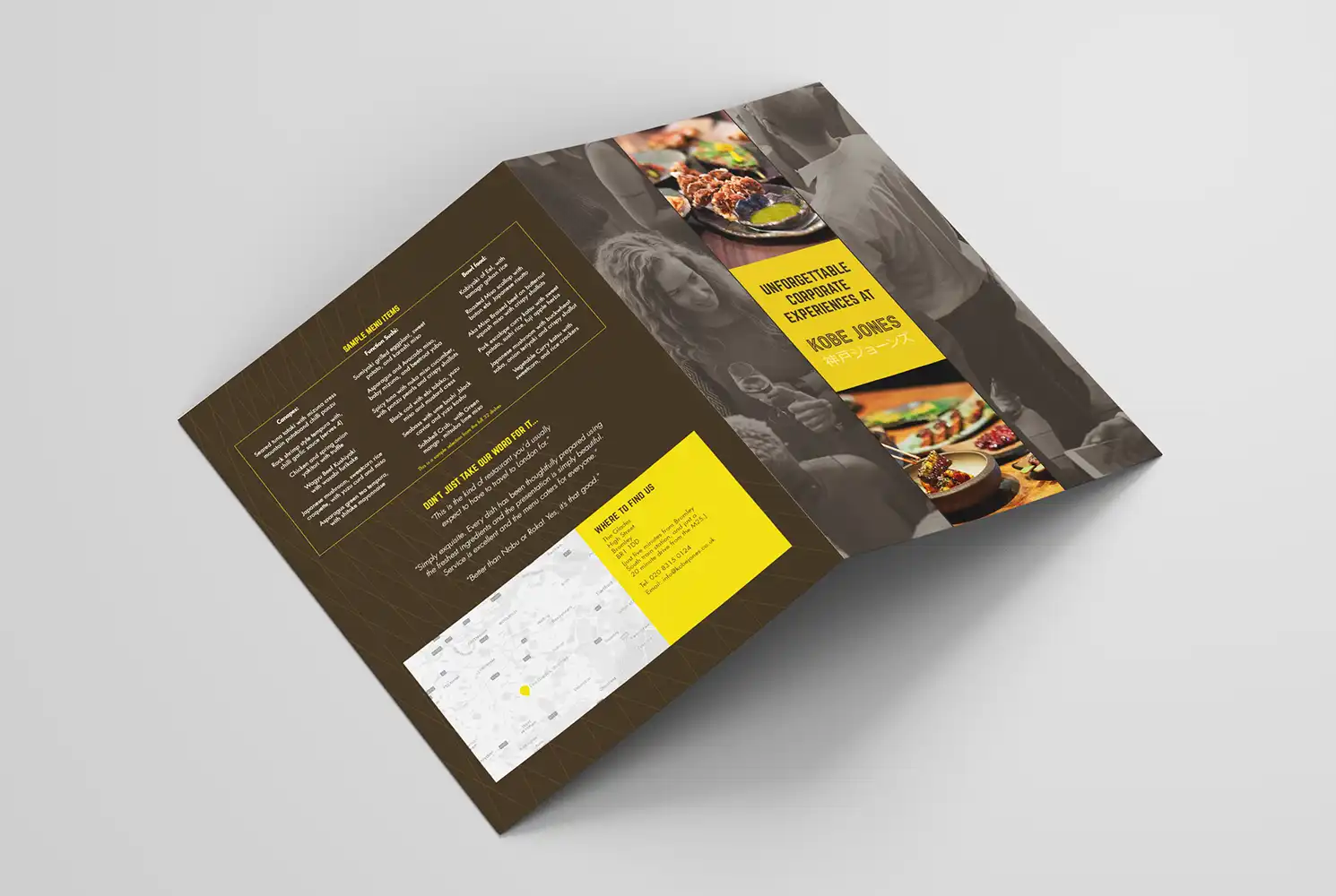 Mockup up showing the covers of the Kobe Jones corporate hospitality brochure