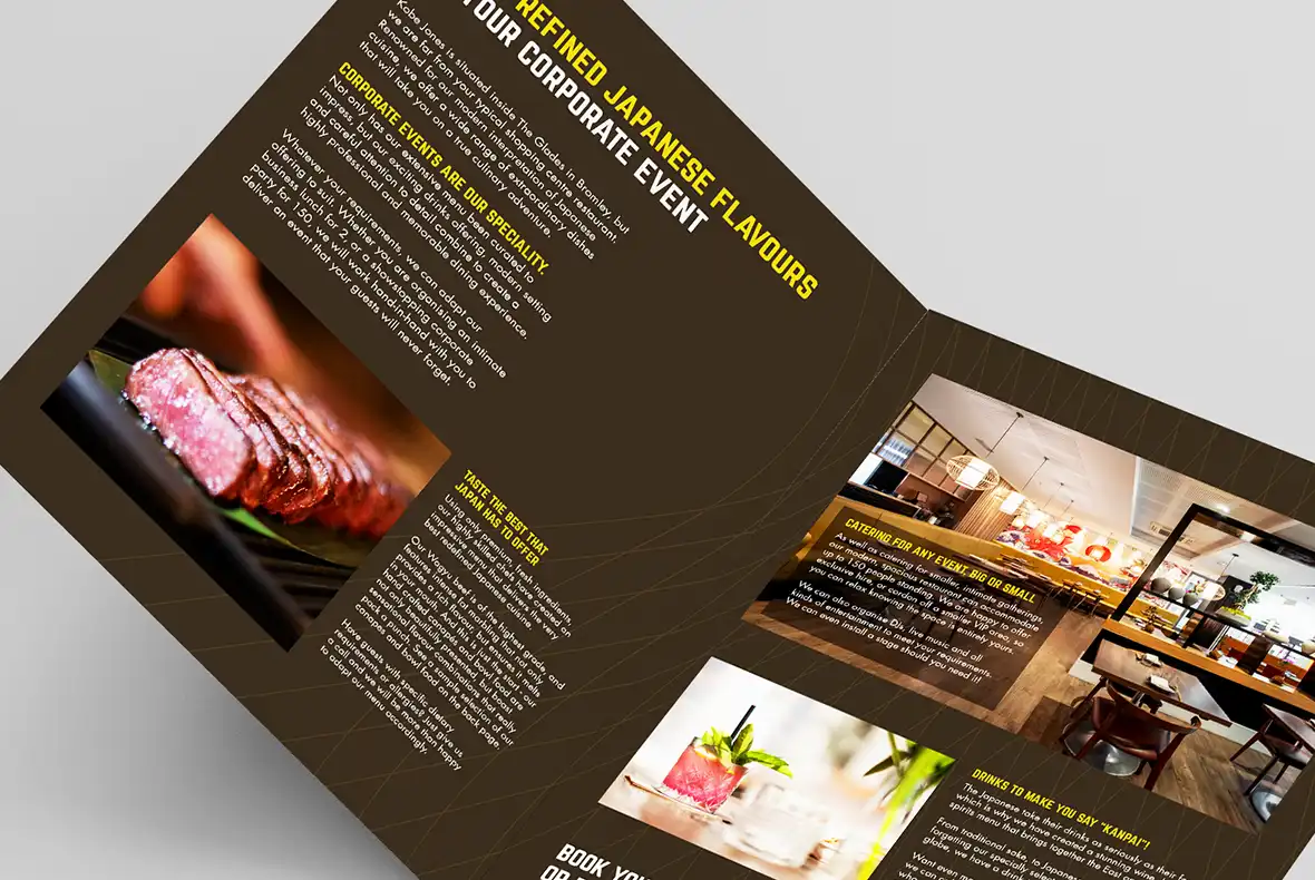 Mockup up showing the inside spread of the Kobe Jones corporate hospitality brochure