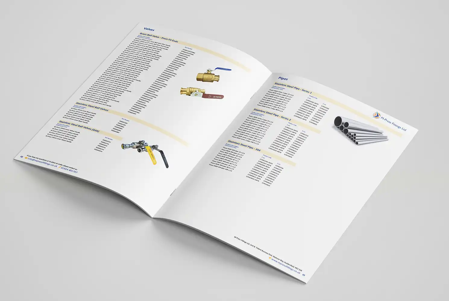 Mockup showing an internal spread of the M-Press Fittings catalogue