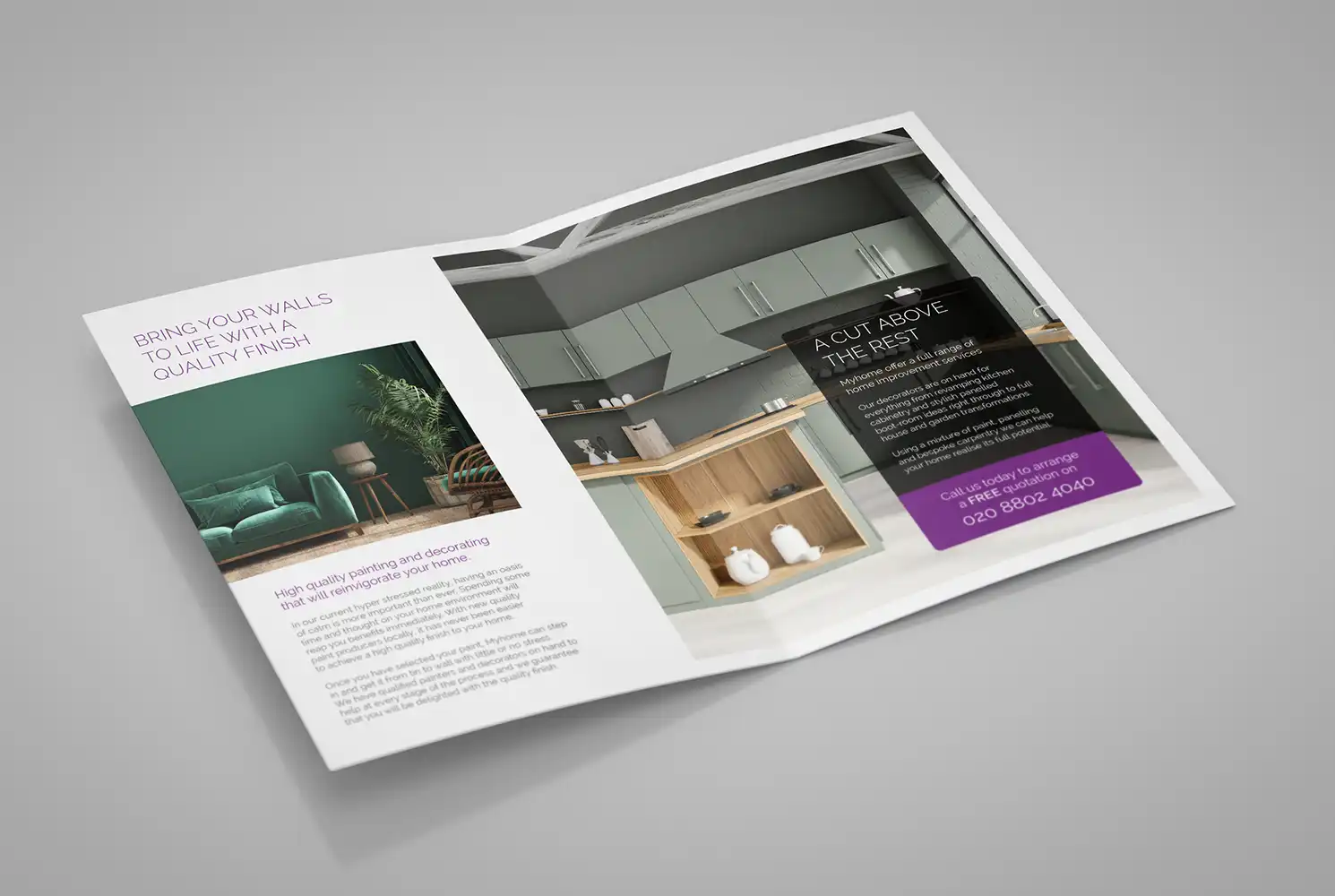 Mock up showing internal spread of the Myhome decorating and carpentry leaflet