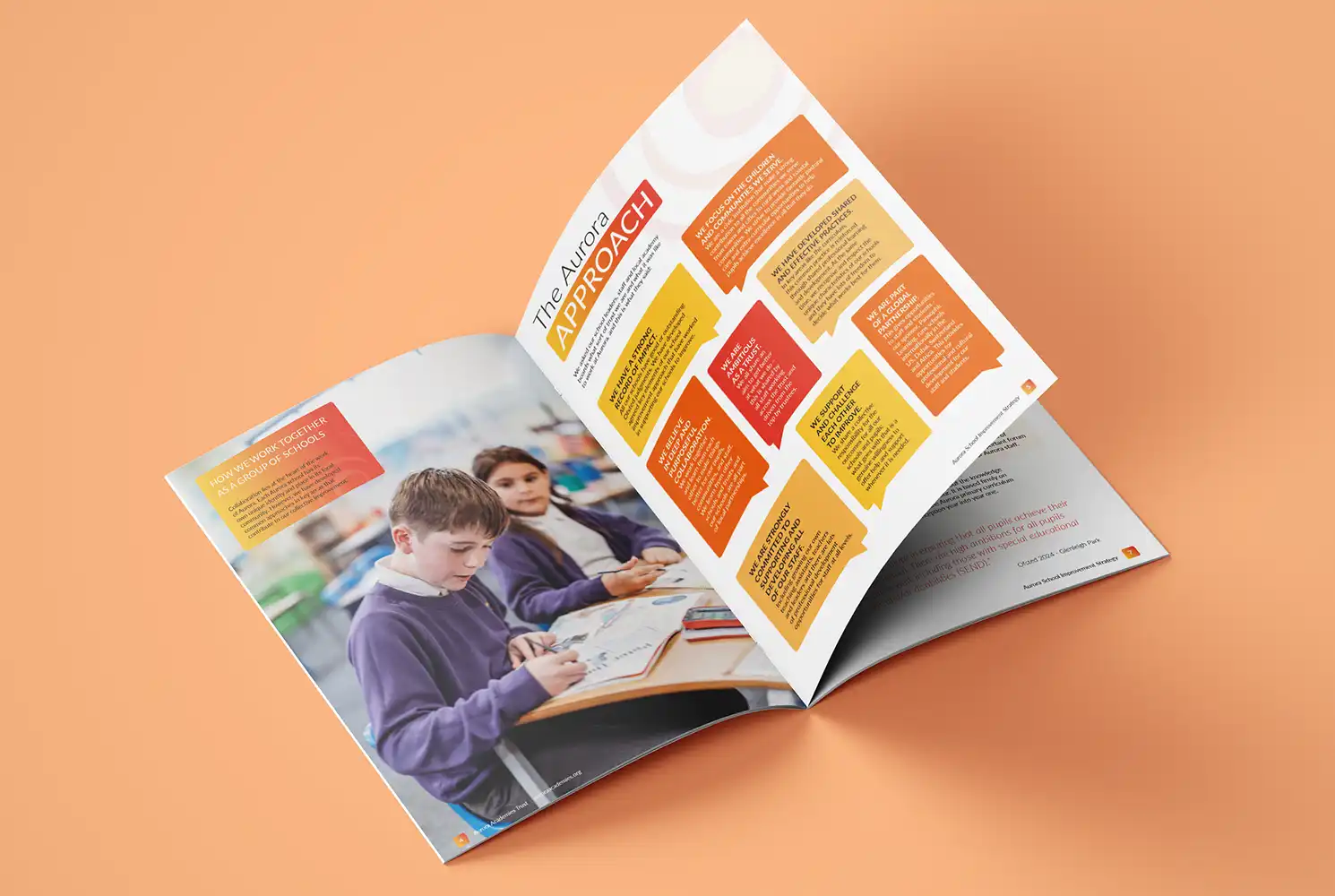 Mockup showing a double page spread of the Aurora School Improvement brochure